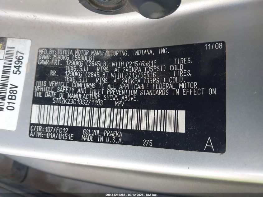 2009 Toyota Sienna Le VIN: 5TDZK23C19S271193 Lot: 43216285