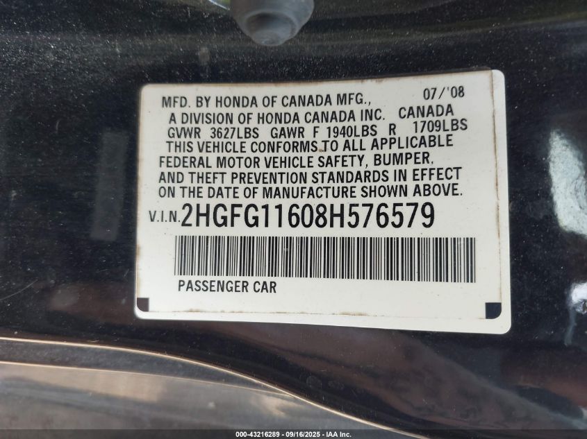 2008 Honda Civic Lx VIN: 2HGFG11608H576579 Lot: 43216289
