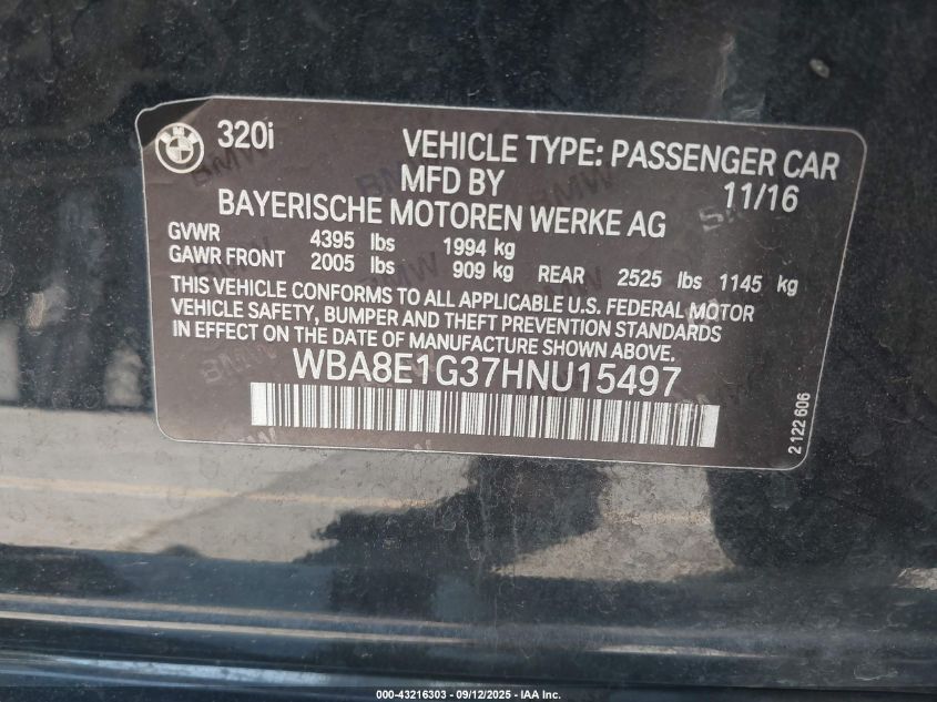 2017 BMW 320I VIN: WBA8E1G37HNU15497 Lot: 43216303