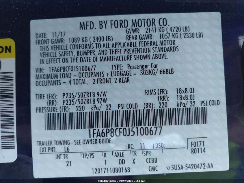 2018 Ford Mustang Gt VIN: 1FA6P8CF0J5100677 Lot: 43216332