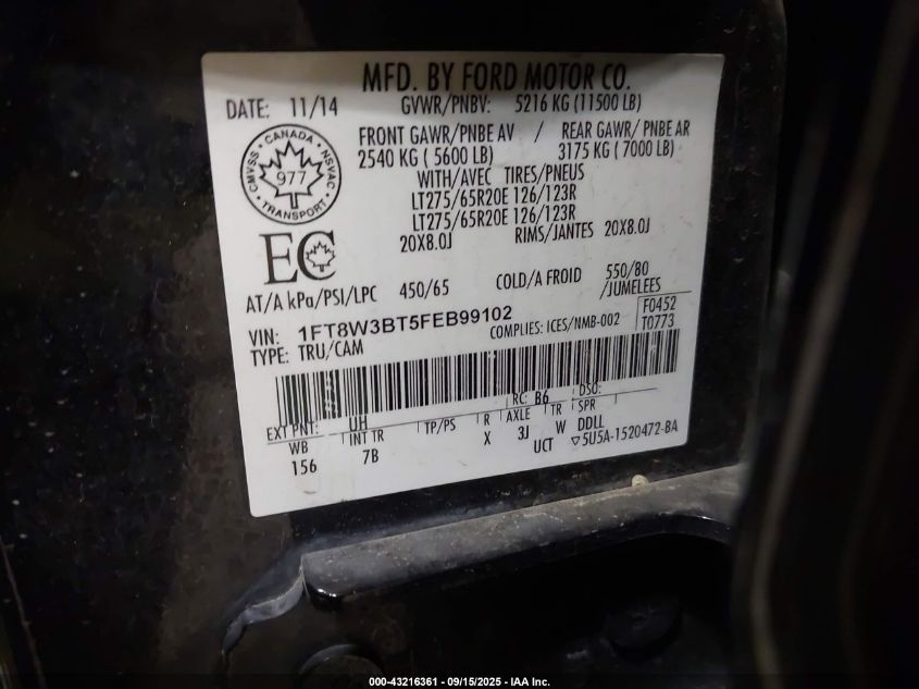 2015 Ford F-350 Lariat VIN: 1FT8W3BT5FEB99102 Lot: 43216361