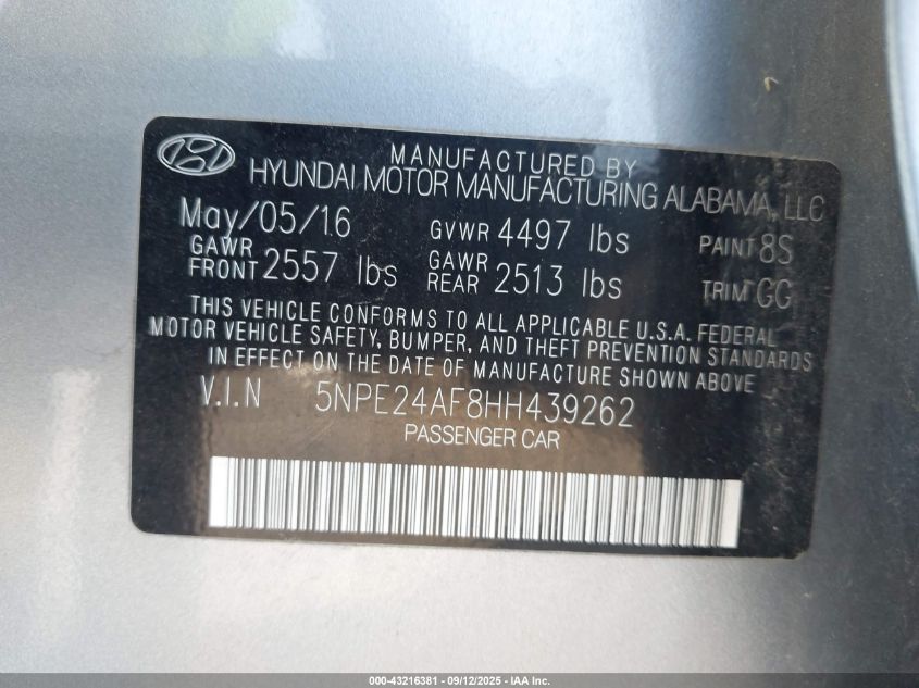 2017 Hyundai Sonata Se VIN: 5NPE24AF8HH439262 Lot: 43216381