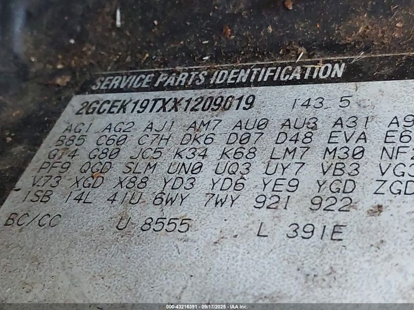 1999 Chevrolet Silverado 1500 Ls VIN: 2GCEK19TXX1209019 Lot: 43216391