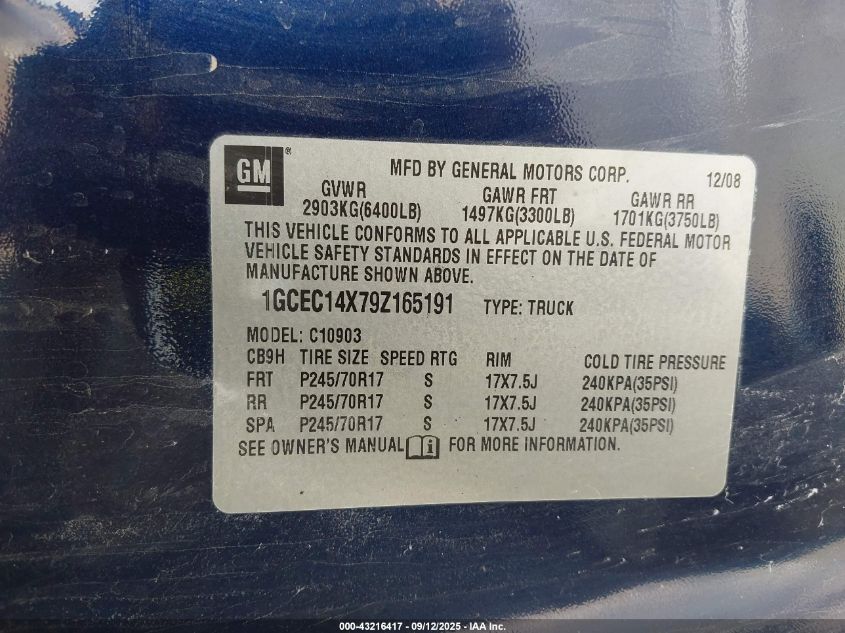 2009 Chevrolet Silverado 1500 Work Truck VIN: 1GCEC14X79Z165191 Lot: 43216417