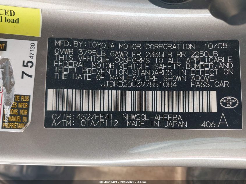 2009 Toyota Prius VIN: JTDKB20U397851084 Lot: 43216421