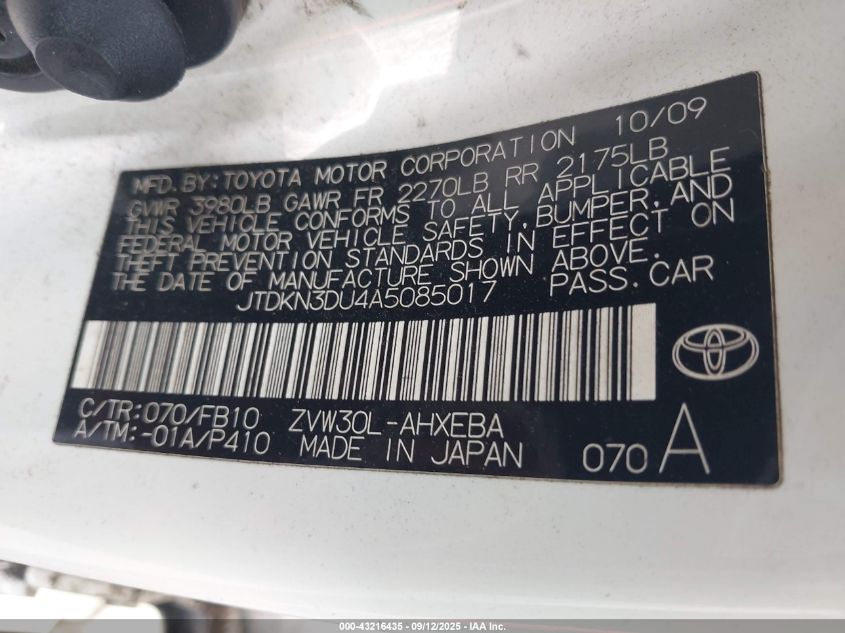 2010 Toyota Prius Ii VIN: JTDKN3DU4A5085017 Lot: 43216435
