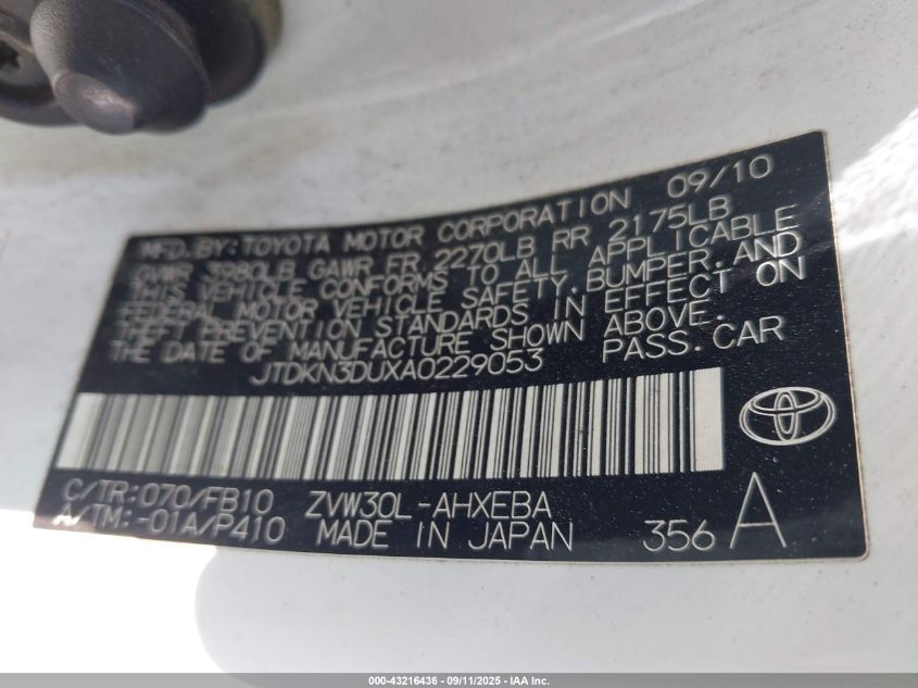 2010 Toyota Prius Ii VIN: JTDKN3DUXA0229053 Lot: 43216436