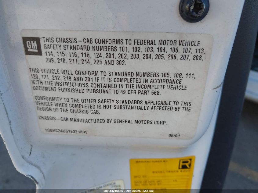 2001 Chevrolet Silverado C2500 Heavy Duty VIN: 1GBHC24U51E321835 Lot: 43216455