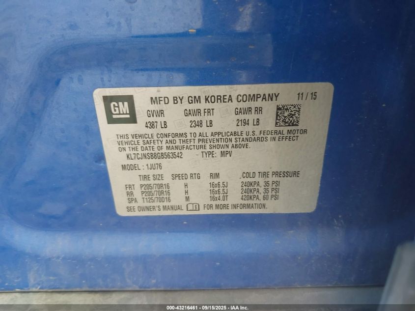 2016 Chevrolet Trax 1Ls VIN: KL7CJNSB8GB563542 Lot: 43216461