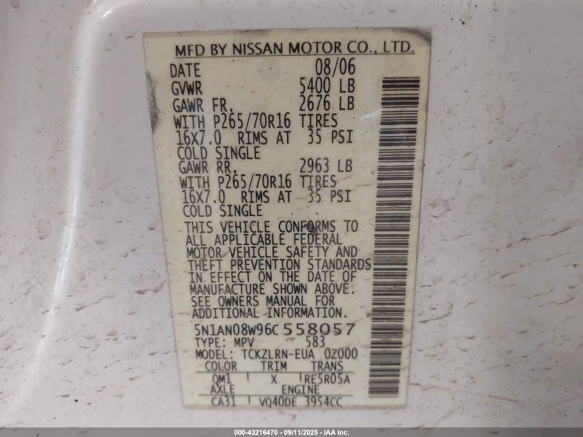 2006 Nissan Xterra S VIN: 5N1AN08W96C558057 Lot: 43216470