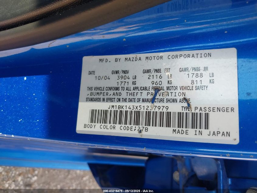 2005 Mazda Mazda3 S VIN: JM1BK143X51237979 Lot: 43216475