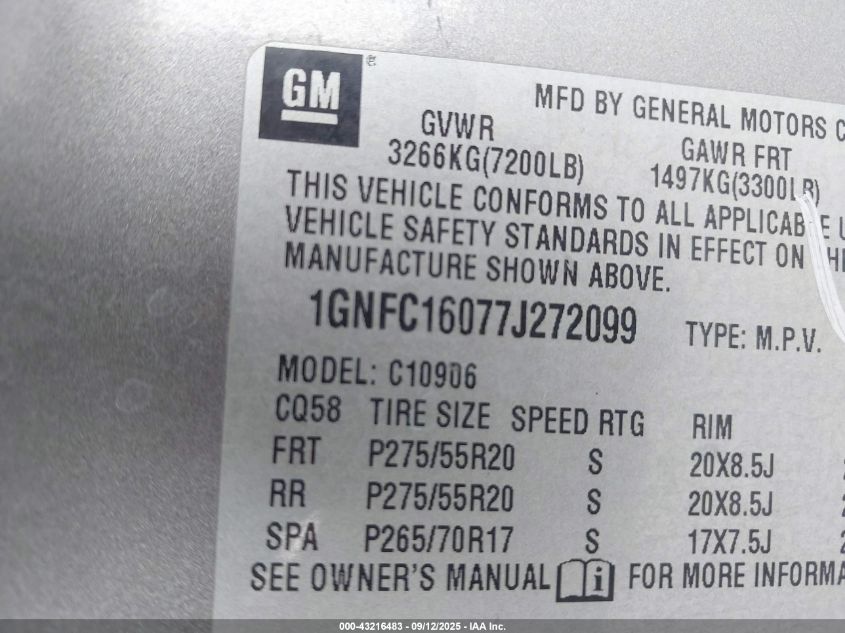 2007 Chevrolet Suburban 1500 Ltz VIN: 1GNFC16077J272099 Lot: 43216483