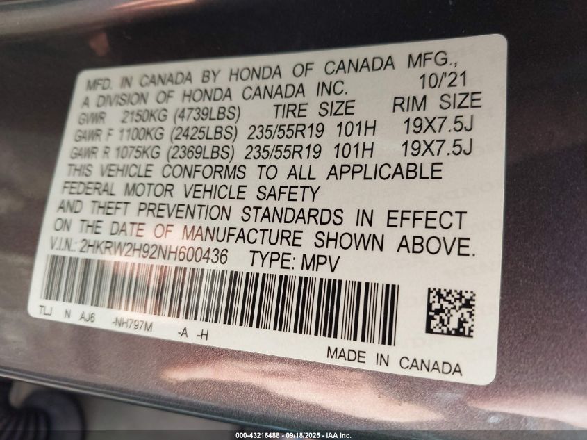 2022 Honda Cr-V Awd Touring VIN: 2HKRW2H92NH600436 Lot: 43216488
