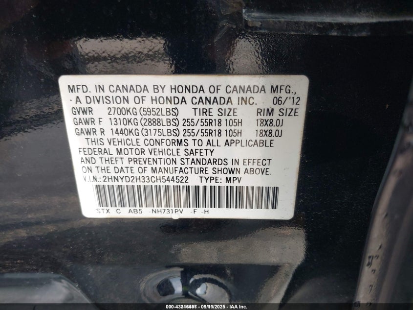 2HNYD2H33CH544522 2012 ACURA MDX photo no. 9