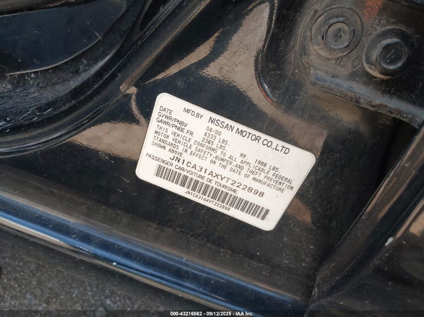 2000 Nissan Maxima Gle/Gxe/Se VIN: JN1CA31AXYT222898 Lot: 43216562