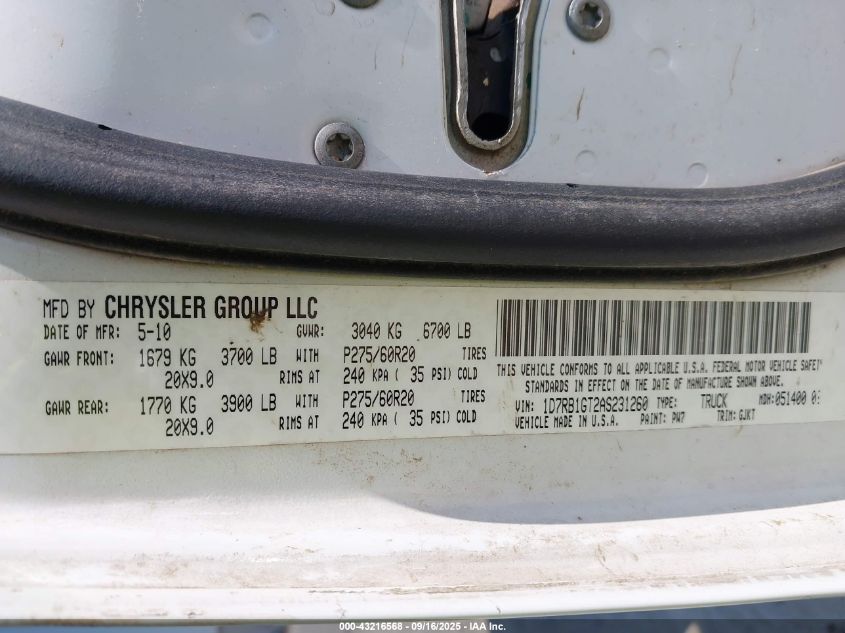 2010 Dodge Ram 1500 Laramie VIN: 1D7RB1GT2AS231260 Lot: 43216568