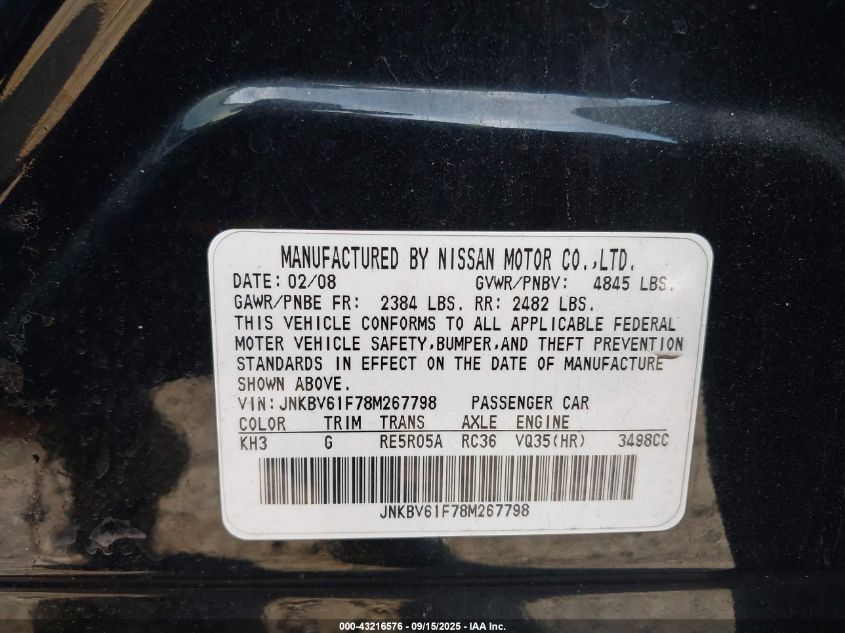 2008 Infiniti G35X VIN: JNKBV61F78M267798 Lot: 43216576