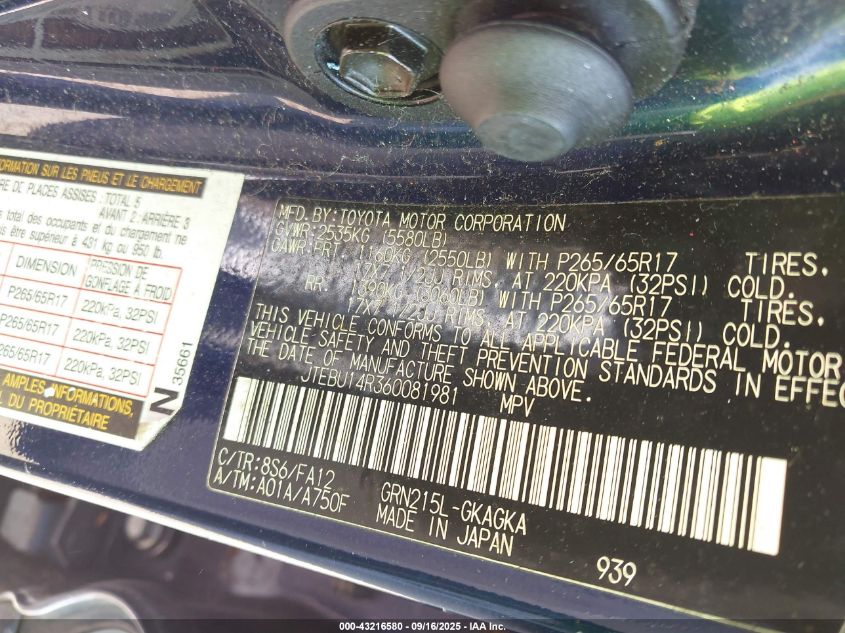 2006 Toyota 4Runner Sr5 V6 VIN: JTEBU14R360081981 Lot: 43216580