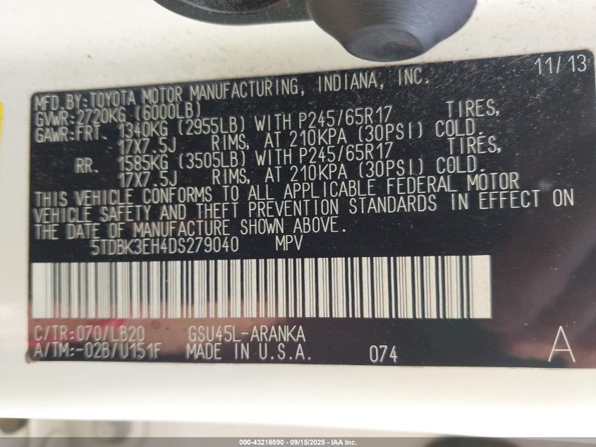 2013 Toyota Highlander Se V6 VIN: 5TDBK3EH4DS279040 Lot: 43216590