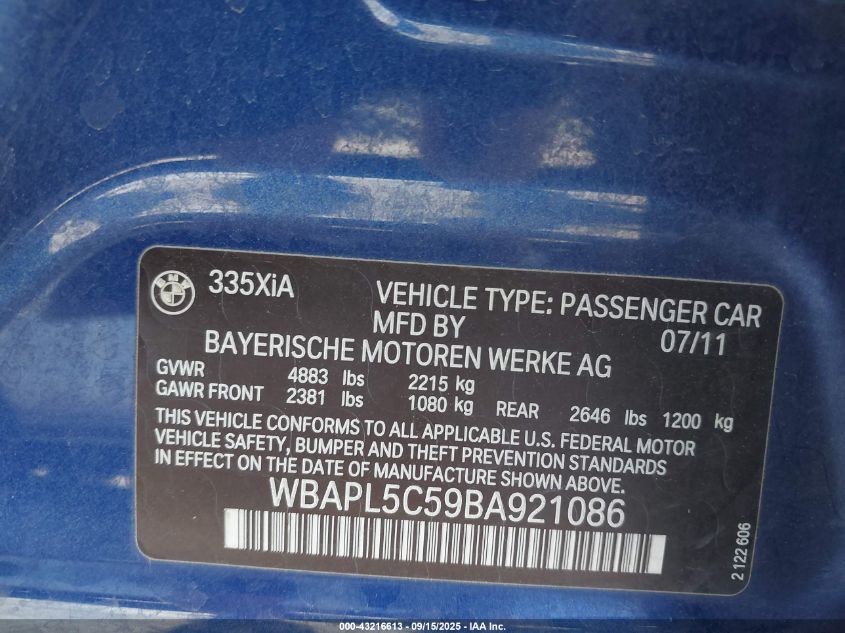 2011 BMW 335I xDrive VIN: WBAPL5C59BA921086 Lot: 43216613