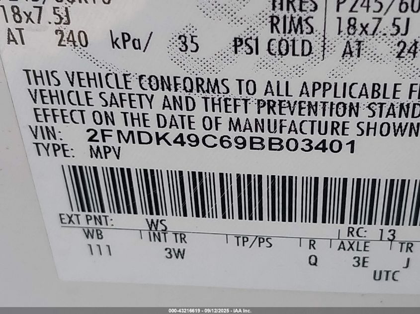 2009 Ford Edge Limited VIN: 2FMDK49C69BB03401 Lot: 43216619