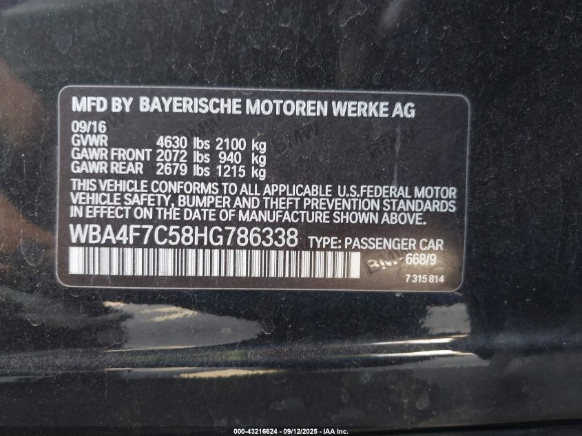2017 BMW 430I Gran Coupe VIN: WBA4F7C58HG786338 Lot: 43216624