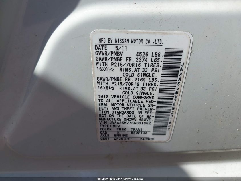 2011 Nissan Rogue S VIN: JN8AS5MV7BW301662 Lot: 43216636