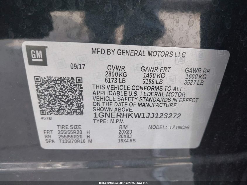 2018 Chevrolet Traverse 3Lt VIN: 1GNERHKW1JJ123272 Lot: 43216654