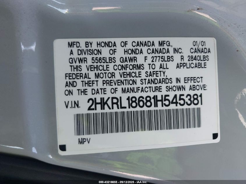 2001 Honda Odyssey Ex VIN: 2HKRL18681H545381 Lot: 43216655