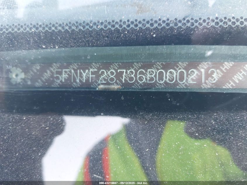 2006 Honda Pilot Ex-L VIN: 5FNYF28736B000213 Lot: 43216667