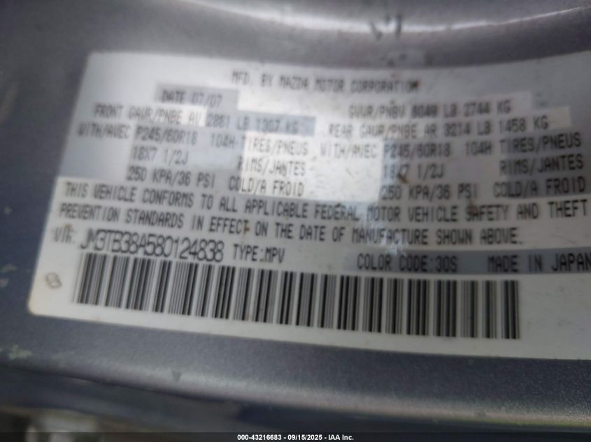 2008 Mazda Cx-9 Touring VIN: JM3TB38A580124838 Lot: 43216683