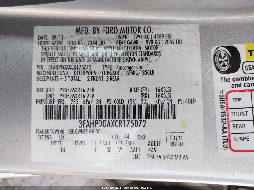 2012 Ford Fusion S VIN: 3FAHP0GAXCR175072 Lot: 43216684