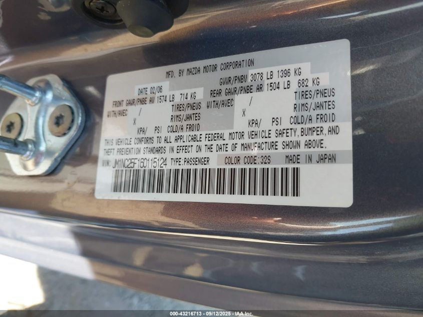 2006 Mazda Mx-5 Grand Touring VIN: JM1NC25F160115124 Lot: 43216713