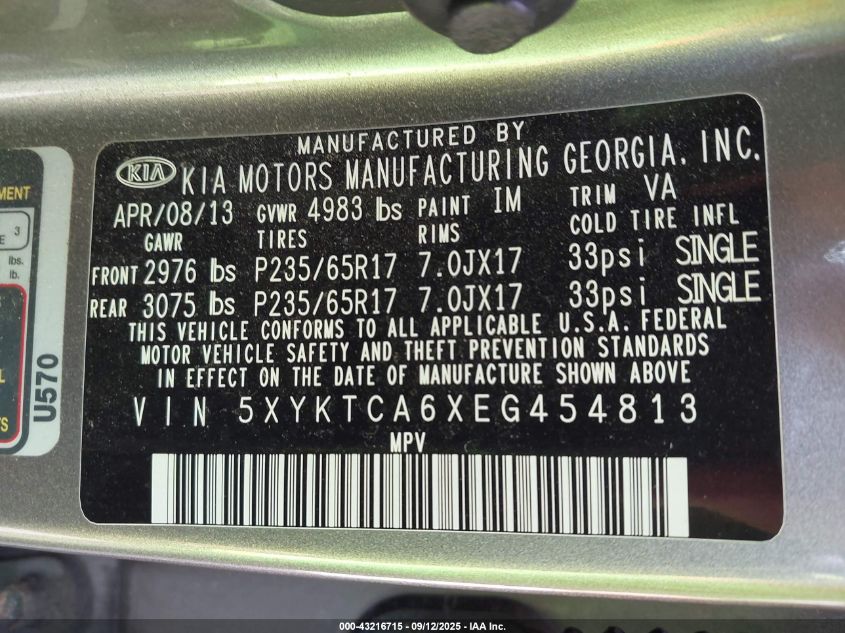 2014 Kia Sorento Lx VIN: 5XYKTCA6XEG454813 Lot: 43216715