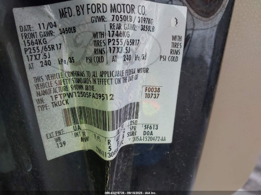 2005 Ford F-150 Lariat/Xlt VIN: 1FTPW12505FA39512 Lot: 43216728