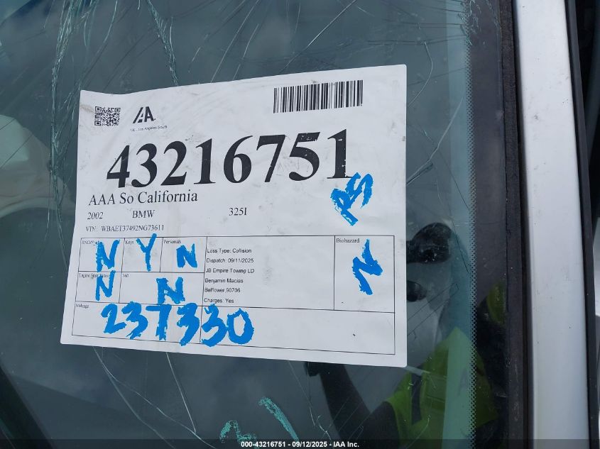 2002 BMW 325I VIN: WBAET37492NG73611 Lot: 43216751