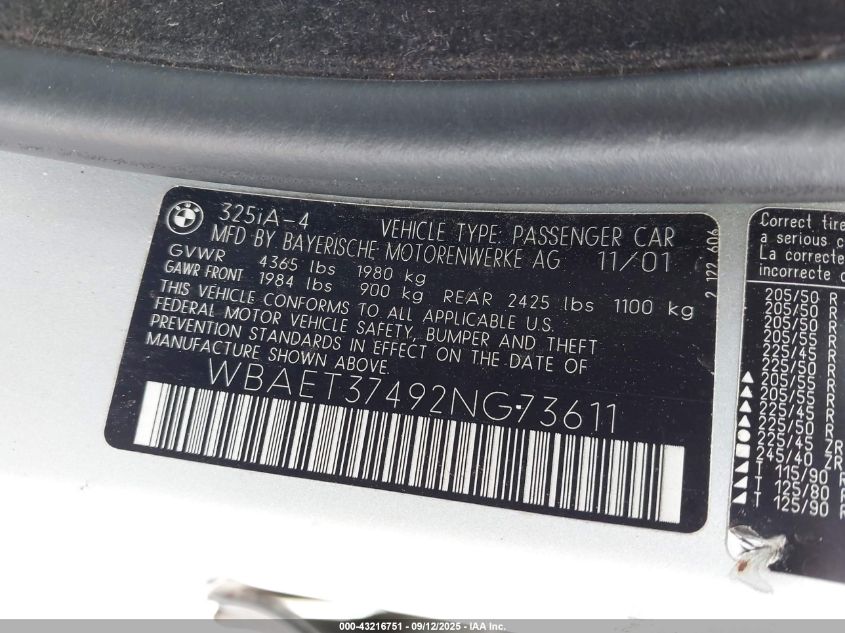 2002 BMW 325I VIN: WBAET37492NG73611 Lot: 43216751