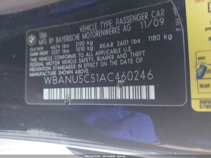 2010 BMW 528I VIN: WBANU5C51AC460246 Lot: 43216763