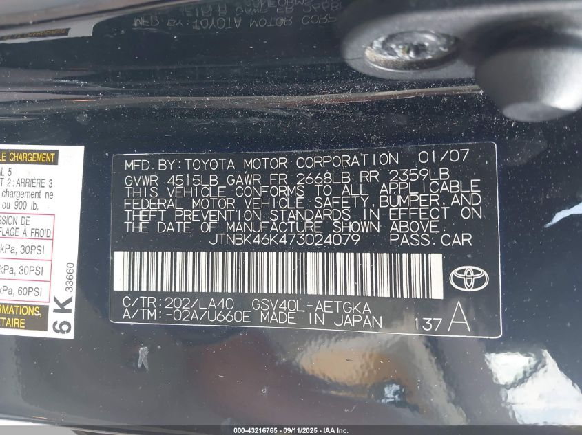 2007 Toyota Camry Xle V6 VIN: JTNBK46K473024079 Lot: 43216765