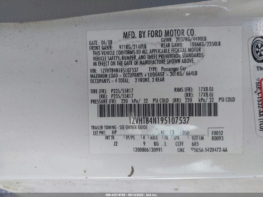 2009 Ford Mustang V6/V6 Premium VIN: 1ZVHT84N195107537 Lot: 43216769