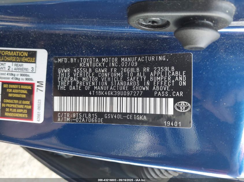 2009 Toyota Camry Se V6 VIN: 4T1BK46K39U097277 Lot: 43216803