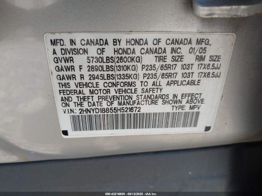 2005 Acura Mdx VIN: 2HNYD18855H521672 Lot: 43216809