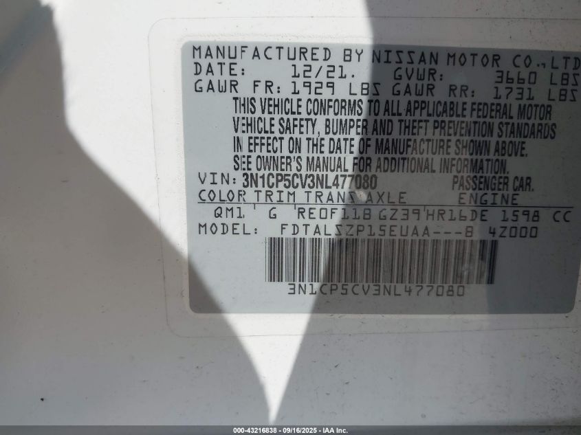 2022 Nissan Kicks Sv Xtronic Cvt VIN: 3N1CP5CV3NL477080 Lot: 43216838