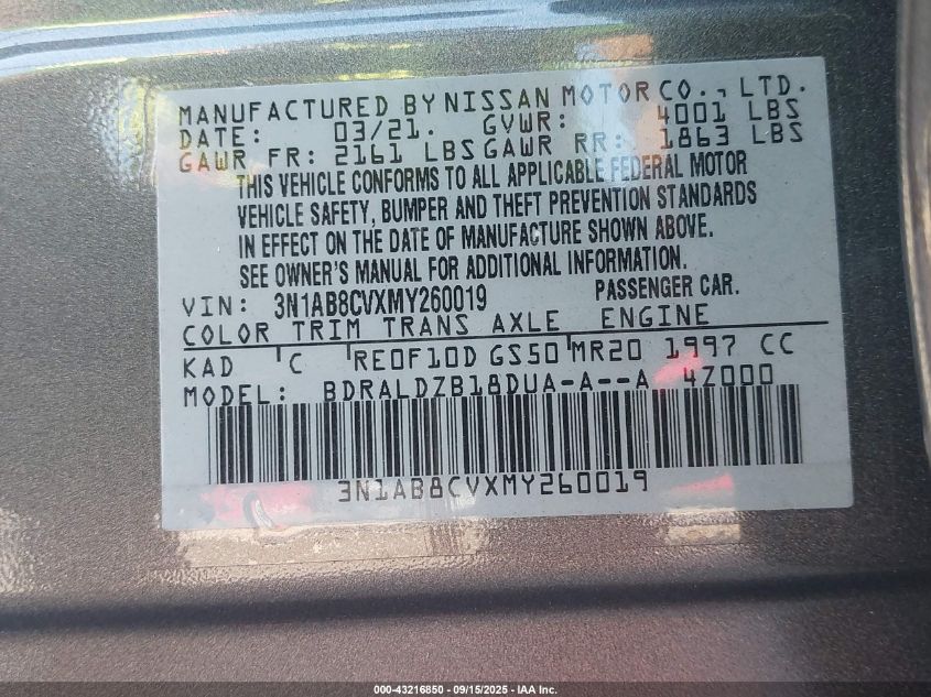 2021 Nissan Sentra Sv Xtronic Cvt VIN: 3N1AB8CVXMY260019 Lot: 43216850