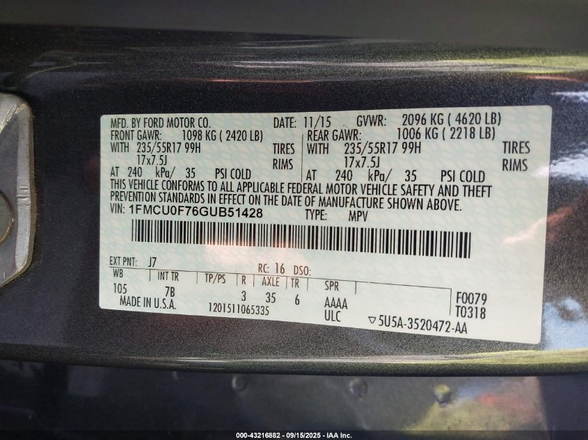 2016 Ford Escape S VIN: 1FMCU0F76GUB51428 Lot: 43216882