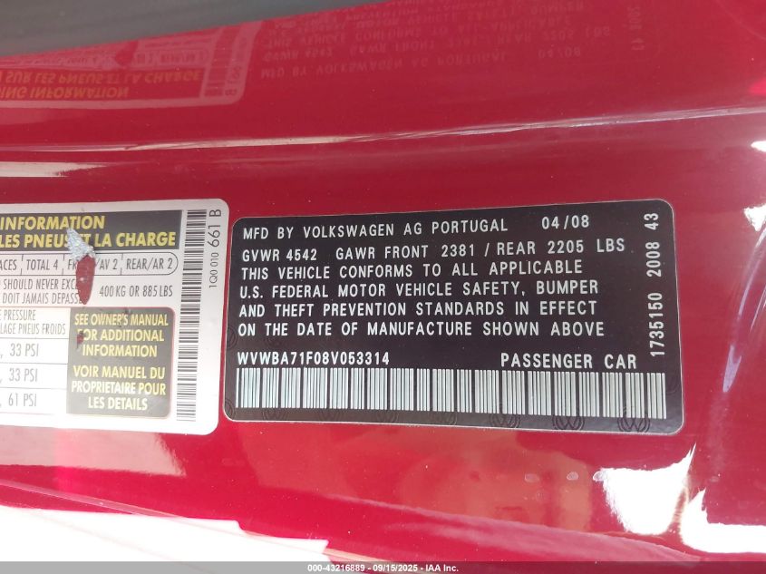 2008 Volkswagen Eos Komfort/Turbo VIN: WVWBA71F08V053314 Lot: 43216889