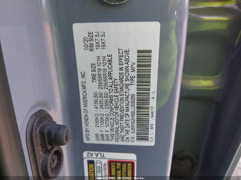 2020 Honda Cr-V Awd Touring VIN: 5J6RW2H99LL008289 Lot: 43216908