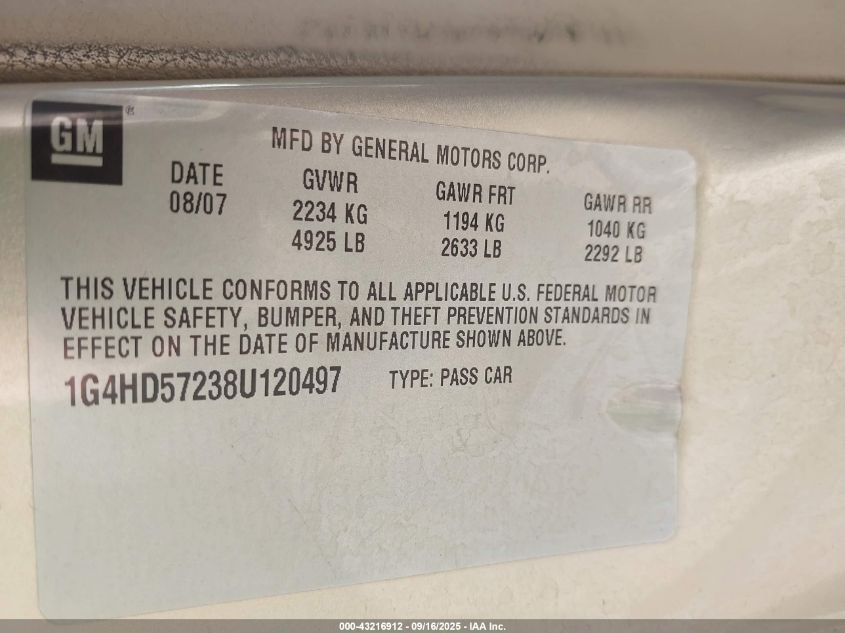 2008 Buick Lucerne Cxl VIN: 1G4HD57238U120497 Lot: 43216912