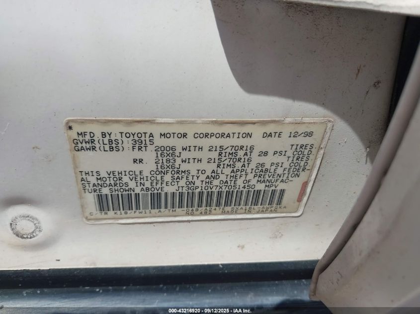 1999 Toyota Rav4 VIN: JT3GP10V7X7051450 Lot: 43216920