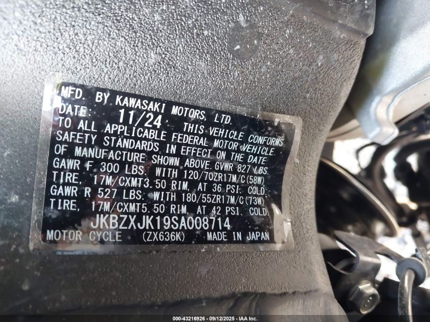 2025 Kawasaki Zx636 K VIN: JKBZXJK19SA008714 Lot: 43216926